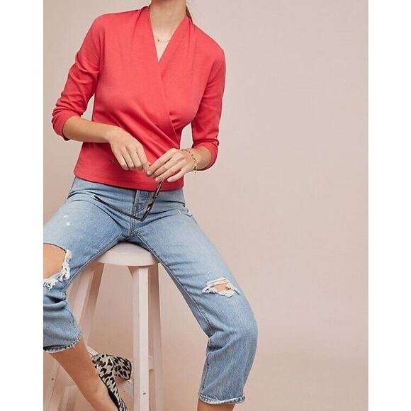 Anthropologie Tops - Maeve by Anthropologie Curran Crossover Fuax Wrap Top Surplice Coral Medium READ